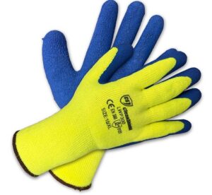 Latex 1/2 Coated Thermal Winter Gloves. Blue On Green